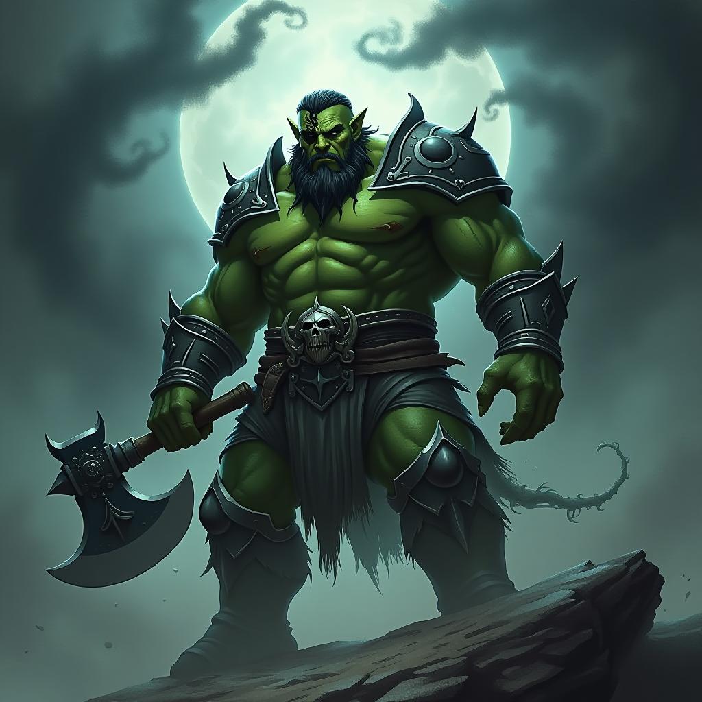  ethereal fantasy concept art of a large green orc in armour with a black tattoo over his eye, a large axe in his hands, swirls of black necrotic energy behind him . magnificent, celestial, ethereal, painterly, epic, majestic, magical, fantasy art, cover art, dreamy