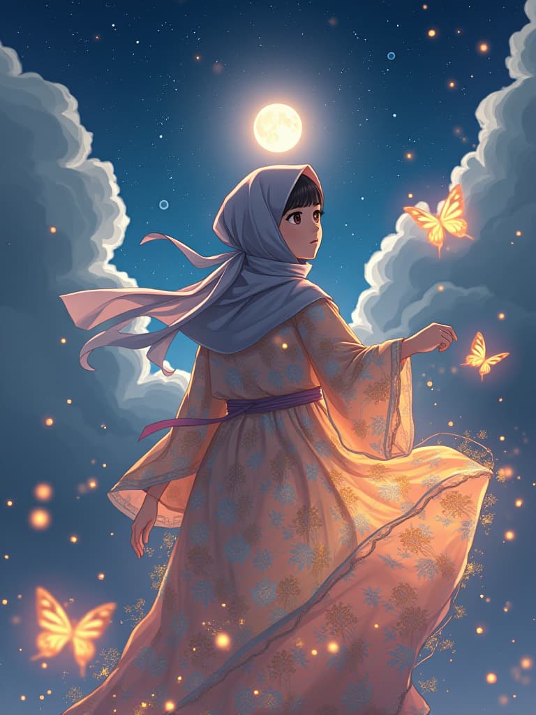  a portrait of a cute hijab girl, anime, luminous dress , wind, sky, clouds, the moon, moonlight, stars, universe, fireflies, butterflies, lights, lens flares effects, swirly bokeh, brush effect, concept art,in style of yoji shinkawa, jackson pollock, wojtek fus, by makoto shinkai, celestial, amazing, astonishing, wonderful, beautiful, highly detailed, centered firooze hyperrealistic, full body, detailed clothing, highly detailed, cinematic lighting, stunningly beautiful, intricate, sharp focus, f/1. 8, 85mm, (centered image composition), (professionally color graded), ((bright soft diffused light)), volumetric fog, trending on instagram, trending on tumblr, HDR 4K, 8K