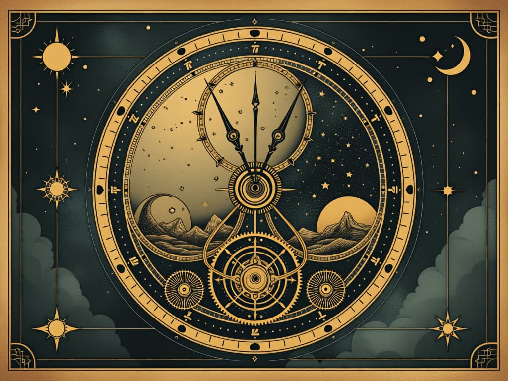  celestial clockwork, intricate gears and star maps, indicating cosmic synchronization, brilliant celestial bodies and lines, complex, divine timing. an illustration in the style of a worn, mystical old tarot trump card, mysterious and elements of surrealism. the colors are muted, somber and eerie, but with contrast bring out an occult and esoteric vibe.