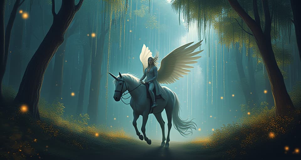  a luminescent forest with an ethereal warrior on a majestic unicorn, riding under a cascade of bright, falling stars. the scene evokes caution and reconsideration for those witnessing the celestial spectacle.. the style is digital art illustration,highly detailed, whimsical,magical, dreamlike atmosphere, realism and fantasy blend, smooth, glossy textures,luminous quality, wonder and enchantment.