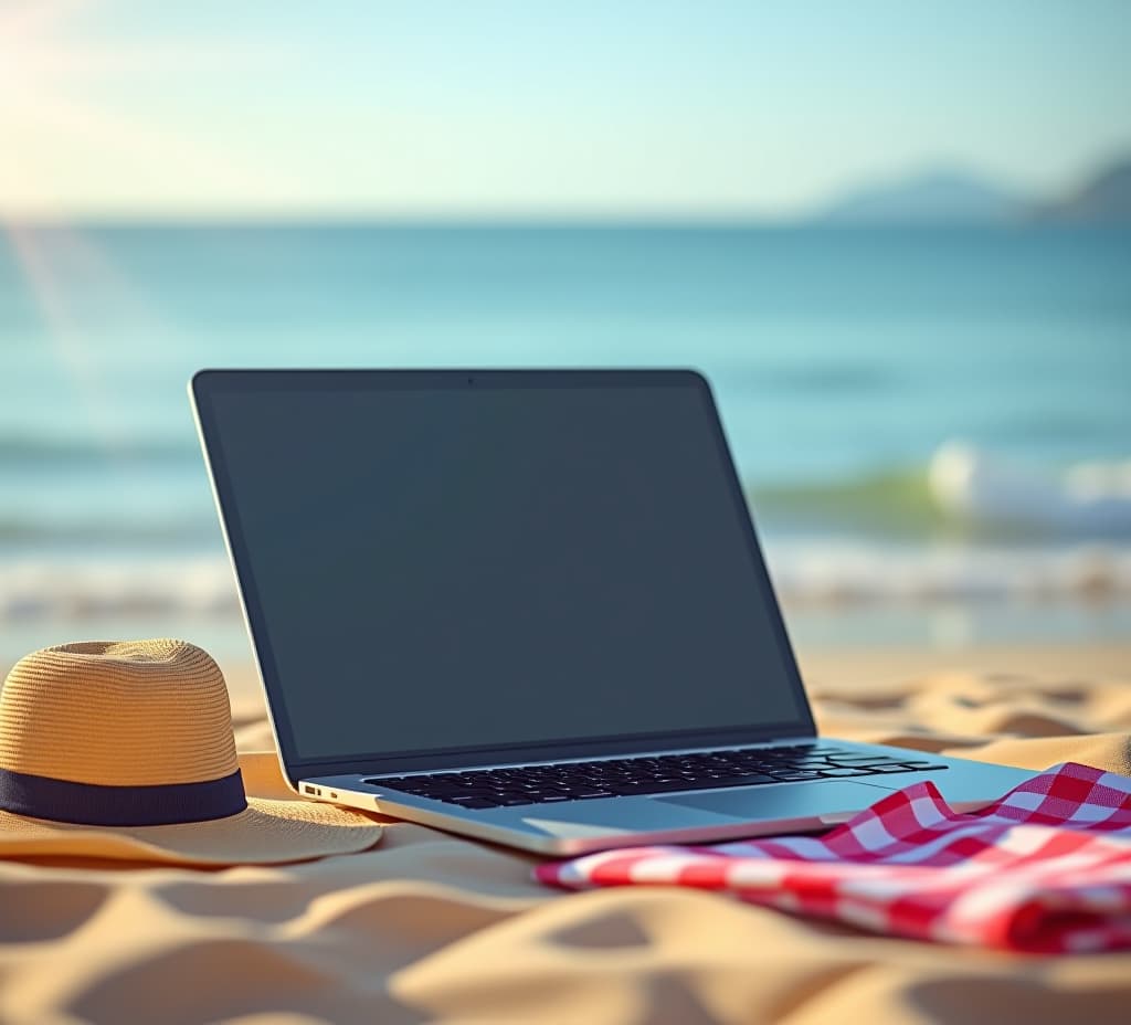  summer break on laptop notebook computer, office job work holiday or vacation concept, weekend travel, rest and relax on the beach, day off, desk workplace