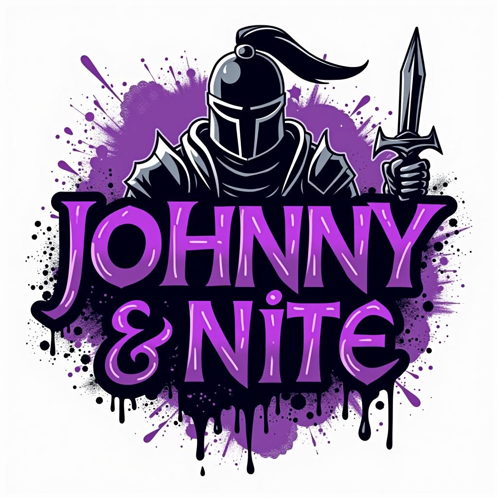  design a logo, in a abstract style. knight black and purple graffiti capitals, with the text 'johnny nite'.