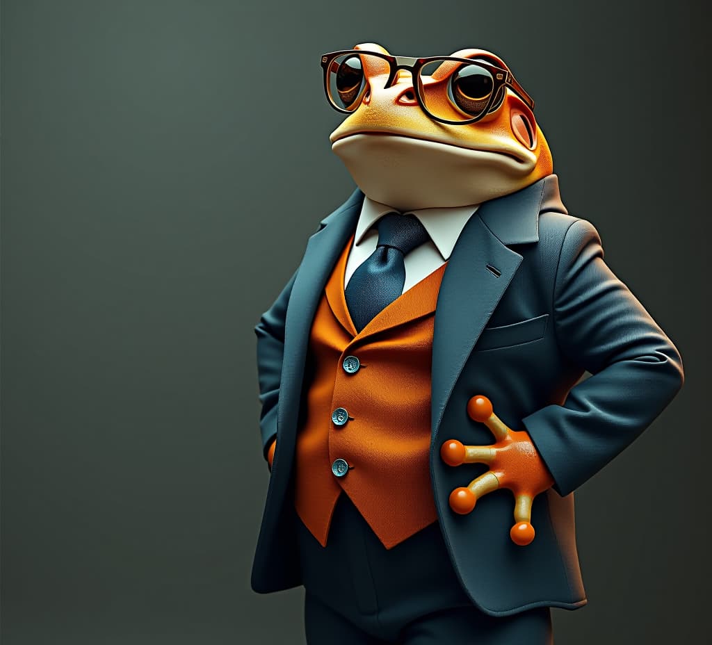  cool looking frog wearing funky fashion dress jacket, tie, glasses. wide banner with space for text left side. stylish animal posing as supermodel.