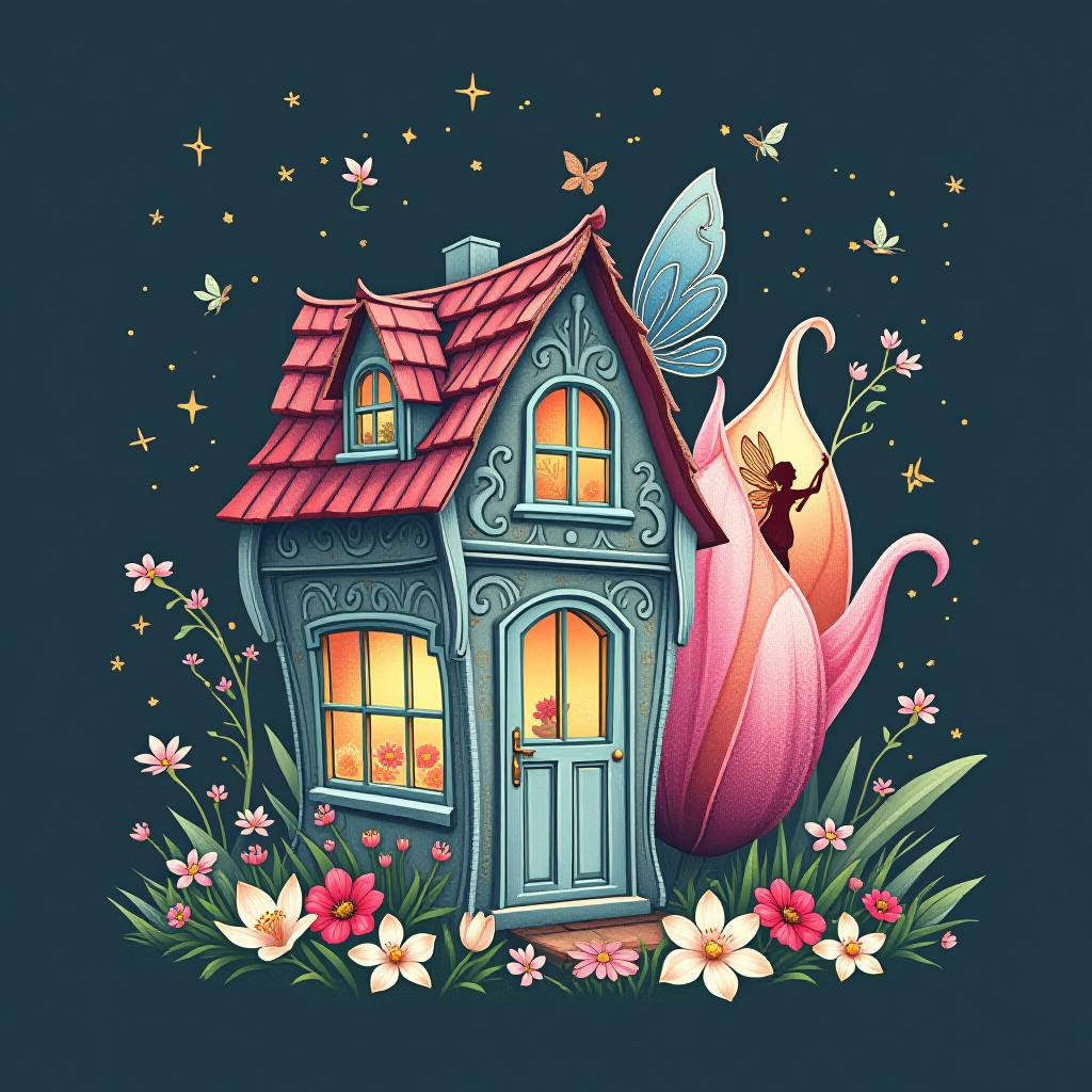  ((flower fairy shop)) ((a small house with a tiled roof and carved windows surrounded by flowers of scarlet, pink, crocus1,5)) ((in the bud of a blossoming flower sits an enchanting fairy and invites customers into her shop. (1,5 fine, fine fractal glitter bright petal line gold ink sketch on dark blue background, (pixie petal silhouette:1,3), bud outline outline, bud outline, pixie fairy leaves with wings. (flower colour):alo pink, white pink, pearl blue, pearl blue, snow white) . (style):fantasy, art design, art deco, advertising, window display, (colours):soft pink, light lavender, white, soft green, all pastel shades.