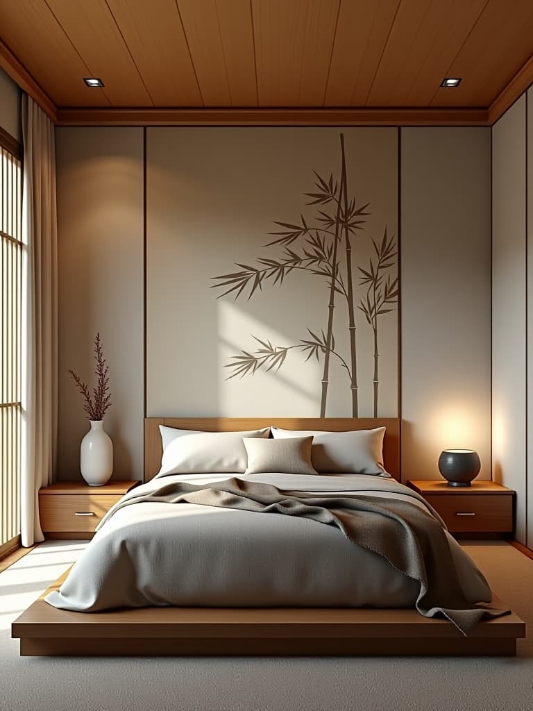  high quality portrait photo of a zen inspired small bedroom with a subtle bamboo print wallpaper, low platform bed, and shoji screen room divider, accented with natural stone elements hyperrealistic, full body, detailed clothing, highly detailed, cinematic lighting, stunningly beautiful, intricate, sharp focus, f/1. 8, 85mm, (centered image composition), (professionally color graded), ((bright soft diffused light)), volumetric fog, trending on instagram, trending on tumblr, HDR 4K, 8K