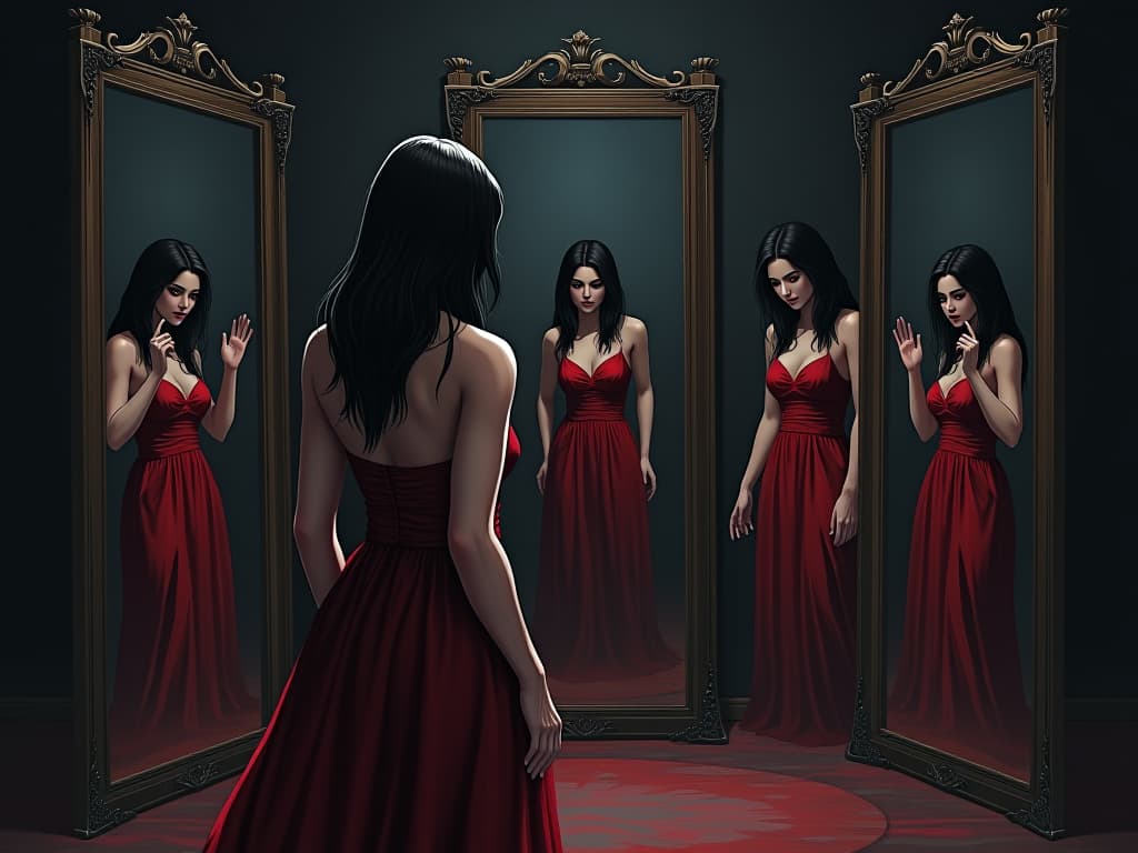  woman in red dress, looking in several mirrors, anxious expression, sense of self doubt and fear. the style is digital art illustration / modern comic book / graphic dark novel fantasy and mysterious occult, symbolic, moody lighting, esoteric vibe,high detail on character design. for the color scheme emphasize blacks and reds.