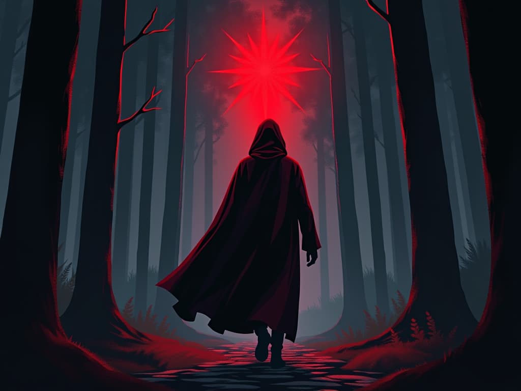  figure in red robes, walking through a dark forest, your presence in the shadows, beacon of success. the style is digital art illustration / modern comic book / graphic dark novel fantasy and mysterious occult, symbolic, moody lighting, esoteric vibe,high detail on character design. for the color scheme emphasize blacks and reds.