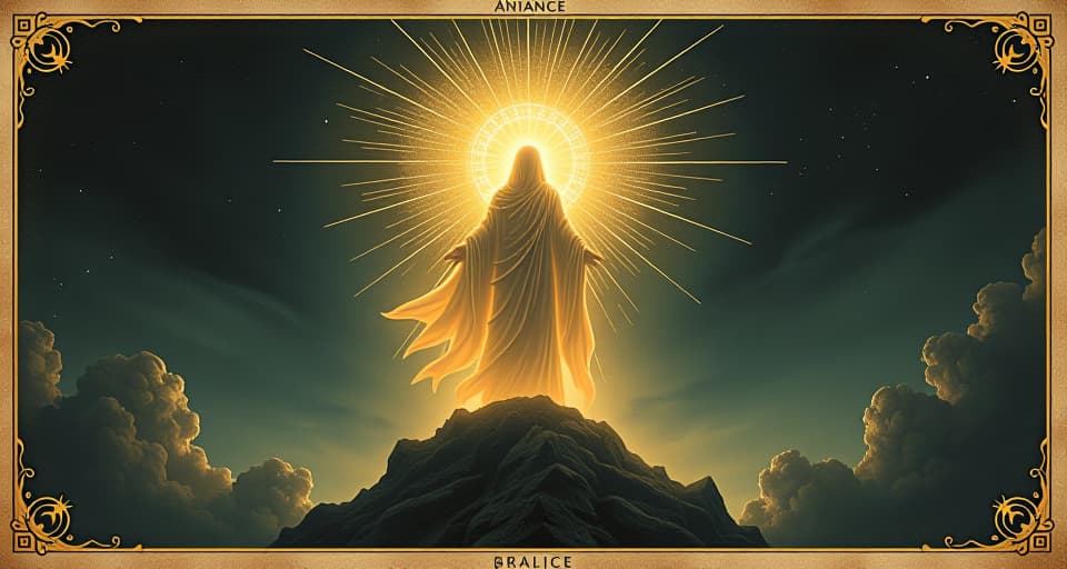  a luminous, divine figure standing atop a cosmic platform, radiance, full transformation, divine realization. an illustration in the style of a worn, mystical old tarot trump card, mysterious and elements of surrealism. the colors are muted, somber and eerie, but with contrast bring out an occult and esoteric vibe.