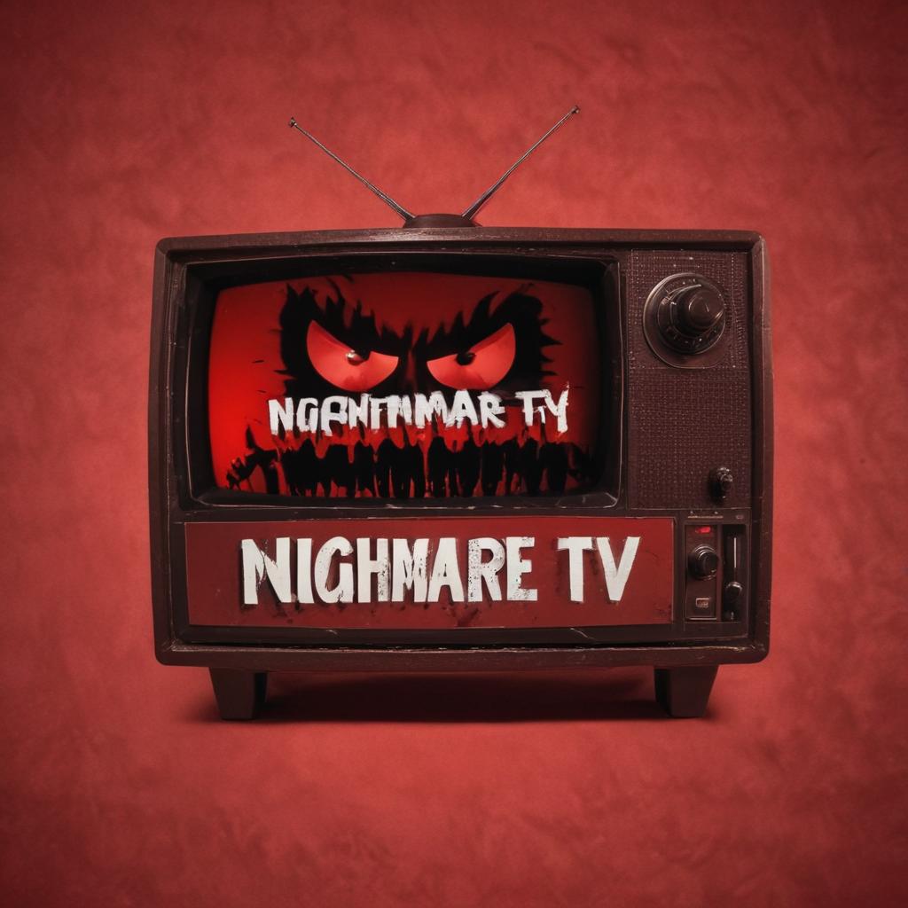 Profile photo of a horror channel with the name “ Nightmare TV “ Red background No character Retro style