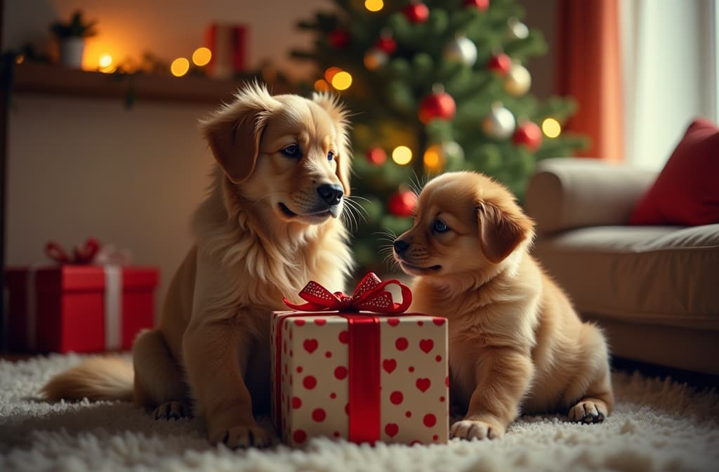  siberian cat and retriever puppy holding christmas presents in the apartment. the apartment is decorated for christmas. atmospheric ar 3:2 {prompt}, maximum details