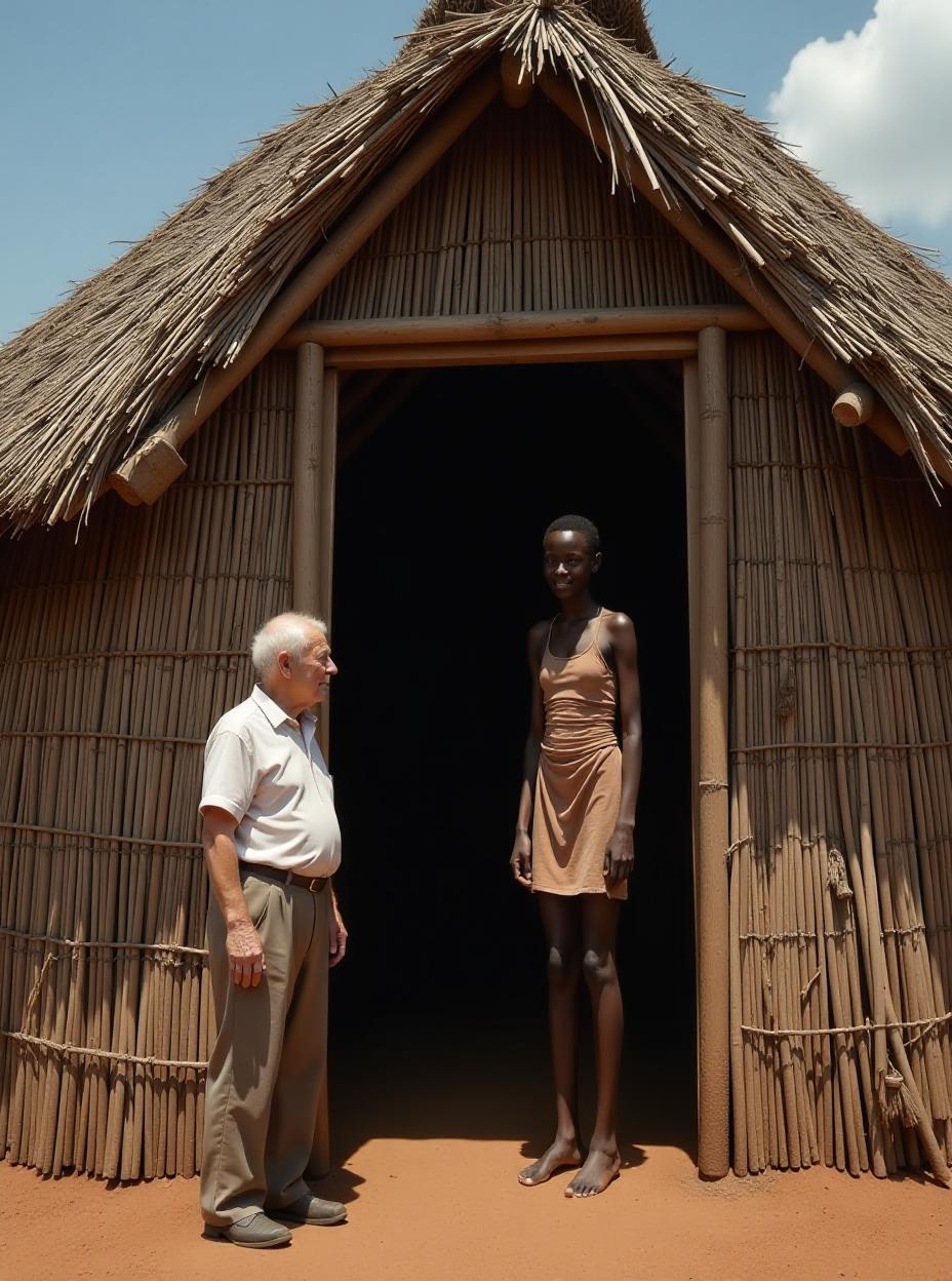  context: a summer day in south sudan. the sun beats down on the traditional african shacks of the dinka tribe, renowned for their exceptionally tall women. an elderly white television reporter stands in the doorway of one of these huts, dwarfed by the towering structure. inside, a young dinka girl stands tall, her height dwarfing the doorway even further. she is incredibly lanky and slender, her long limbs seemingly stretching towards the thatched roof. her traditional dinka outfit, consisting of a simple cloth wrapped around her legs, accentuates her height and slenderness. the girl smiles shyly, her eyes sparkling with a mixture of curiosity and shyness. her towering presence makes the reporter seem even smaller, a stark contrast between 