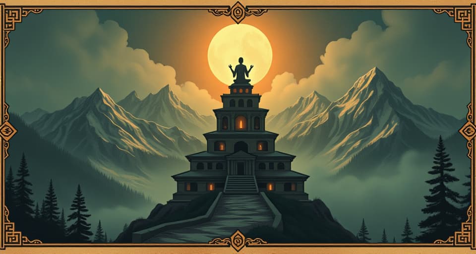  a serene temple amidst mountains, a spiritual guide meditating at the peak, enveloped in divine light. an illustration in the style of a worn, mystical old tarot trump card, mysterious and elements of surrealism. the colors are muted, somber and eerie, but with contrast bring out an occult and esoteric vibe.