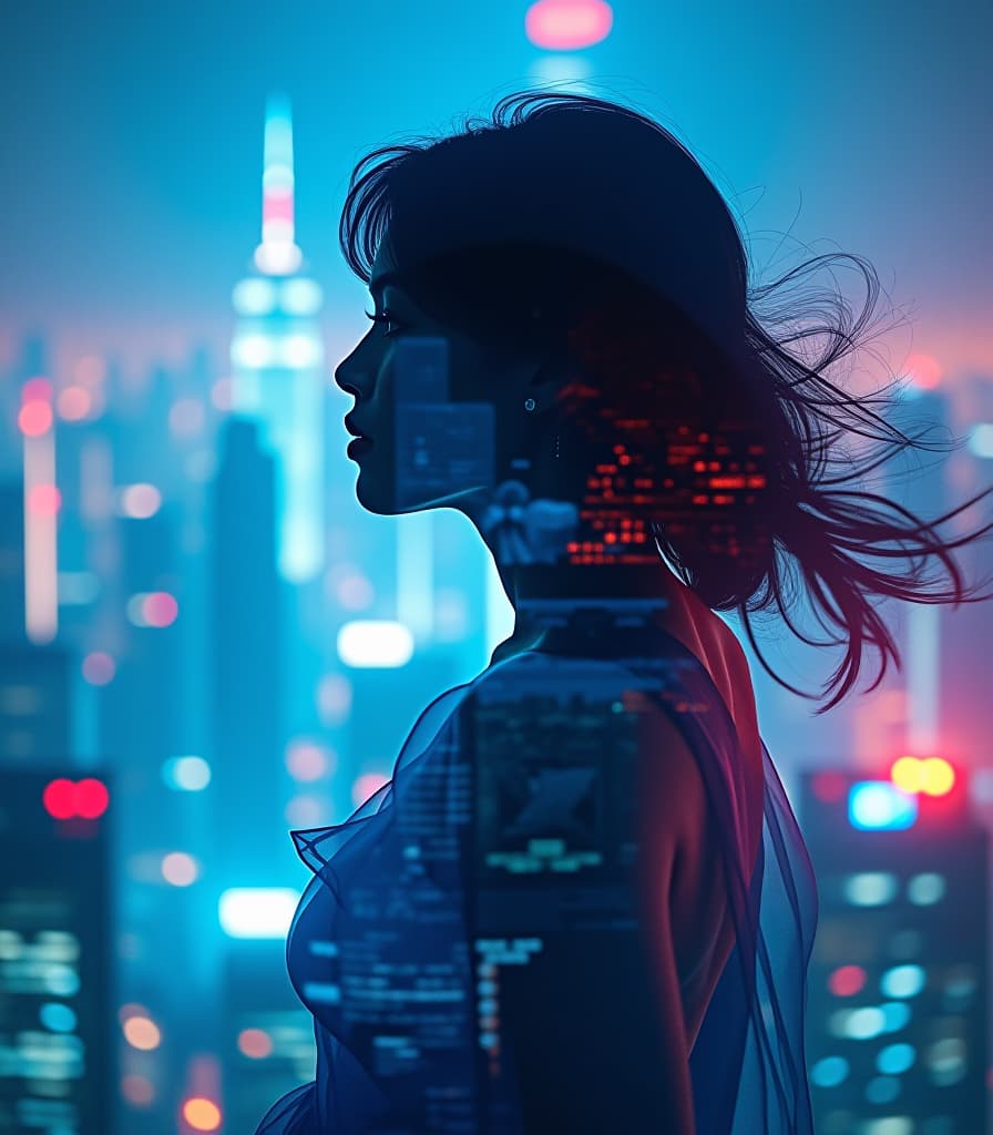  double exposure portrait of woman’s silhouette, ethereal and mysterious, blending, merging, flowing, transforming, illuminating, serene and contemplative mood, cool color palette with deep blues and purples, soft neon lighting, twilight hour. gentle shadows mode, futuristic cityscape with glowing skyscrapers, high fashion photograph, canon eos r5, 50mm f/1.2 lens, top down angle shot view, kodak ektar 100 film stock, 8k resolution, ultra high detailed, intricate, trending on artstation, top quality, awarded masterpiece. hyperrealistic, full body, detailed clothing, highly detailed, cinematic lighting, stunningly beautiful, intricate, sharp focus, f/1. 8, 85mm, (centered image composition), (professionally color graded), ((bright soft diffused light)), volumetric fog, trending on instagram, trending on tumblr, HDR 4K, 8K