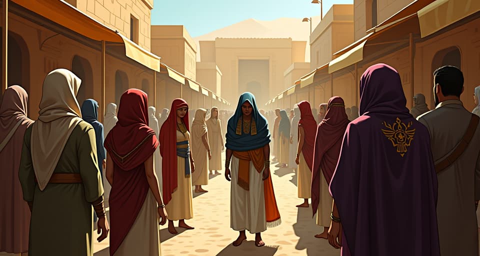  people gathered around marketplace, whispering, expressions of awe and resentment, sand covered streets, market stalls. the style is digital art illustration / modern comic book / mysterious occult, symbolic, esoteric vibe,high detail on character design, incorporating ancient egyptian symbology and attire.