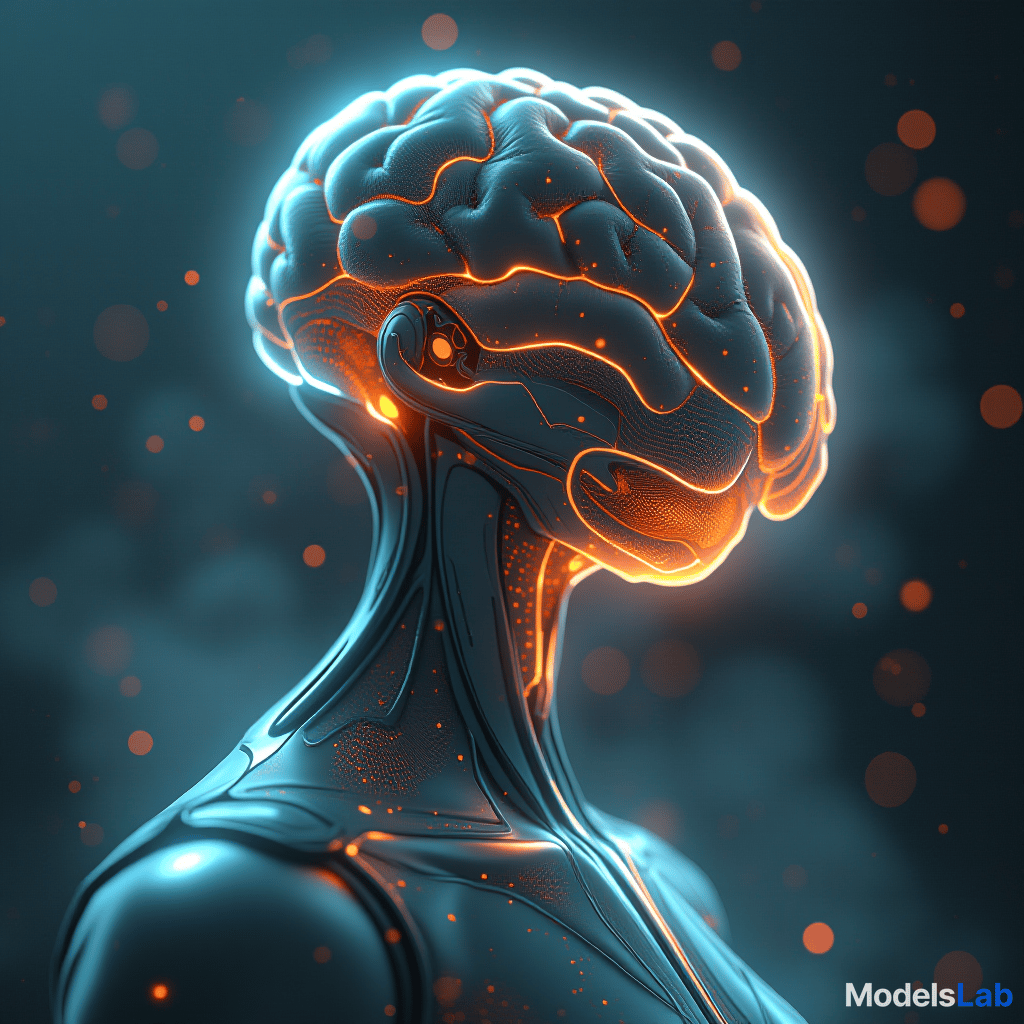  a sleek futuristic brain or abstract ai figure, symbolizing the advanced reasoning capabilities, glowing with a network of data points and light trails. hyperrealistic, full body, detailed clothing, highly detailed, cinematic lighting, stunningly beautiful, intricate, sharp focus, f/1. 8, 85mm, (centered image composition), (professionally color graded), ((bright soft diffused light)), volumetric fog, trending on instagram, trending on tumblr, HDR 4K, 8K