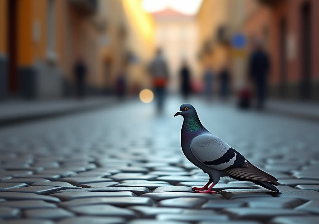  a lone pigeon on a cobblestone street