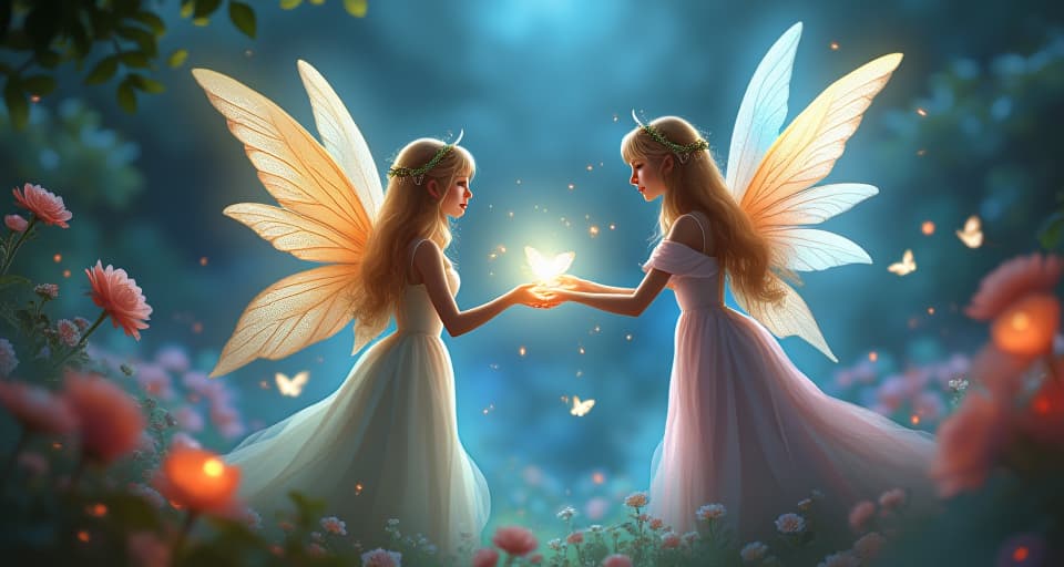  ethereal angels and fairies encouraging each other in a glowing, magical garden, their light mingling, symbolizing support during the cleansing process.. the style is digital art illustration,highly detailed, whimsical,magical, dreamlike atmosphere, realism and fantasy blend, smooth, glossy textures,luminous quality, wonder and enchantment.