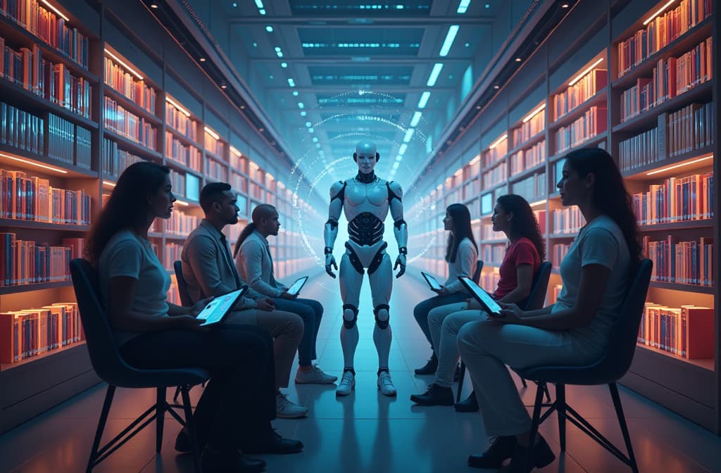  "create an imaginative scene depicting a futuristic digital library, filled with glowing holographic books and screens. in the center, a wise, robotic figure is engaging in conversation with a diverse group of people, each representing different cultures, as abstract data streams swirl around them, symbolizing the flow of knowledge and artificial intelligence. the environment should be filled with vibrant colors and soft lighting, evoking a sense of innovation and collaboration in the world of technology." hyperrealistic, full body, detailed clothing, highly detailed, cinematic lighting, stunningly beautiful, intricate, sharp focus, f/1. 8, 85mm, (centered image composition), (professionally color graded), ((bright soft diffused light)), volumetric fog, trending on instagram, trending on tumblr, HDR 4K, 8K