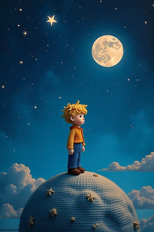  the little prince standing on small planet in starry sky, by saint exupery, crocheted style