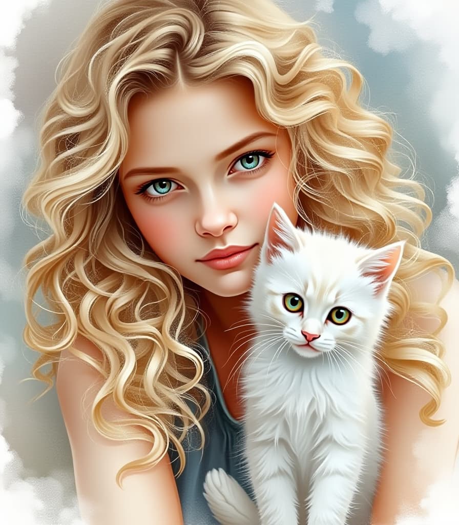  watercolor painting painting. painting watercolor. (beautiful girl, blonde with curly loose hair and next to a real white kitten in full height:1.5). watercolor style. high resolution, high detail, high definition. leaks, stains. . vibrant, beautiful, painterly, detailed, textural, artistic