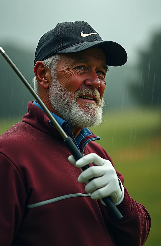  una imagen de un jugador de golf; hombre; con barba; calvo; con una boina negra; de edad jubilada; el paisaje es el campo de golf de st andrews; de dia; lloviendo; con detalle; alta calidad; , high quality high detail painting, hd, photorealistic lighting, , high quality high detail painting by pablo picasso, hd, photorealistic lighting, style of pablo picasso hyperrealistic, full body, detailed clothing, highly detailed, cinematic lighting, stunningly beautiful, intricate, sharp focus, f/1. 8, 85mm, (centered image composition), (professionally color graded), ((bright soft diffused light)), volumetric fog, trending on instagram, trending on tumblr, HDR 4K, 8K