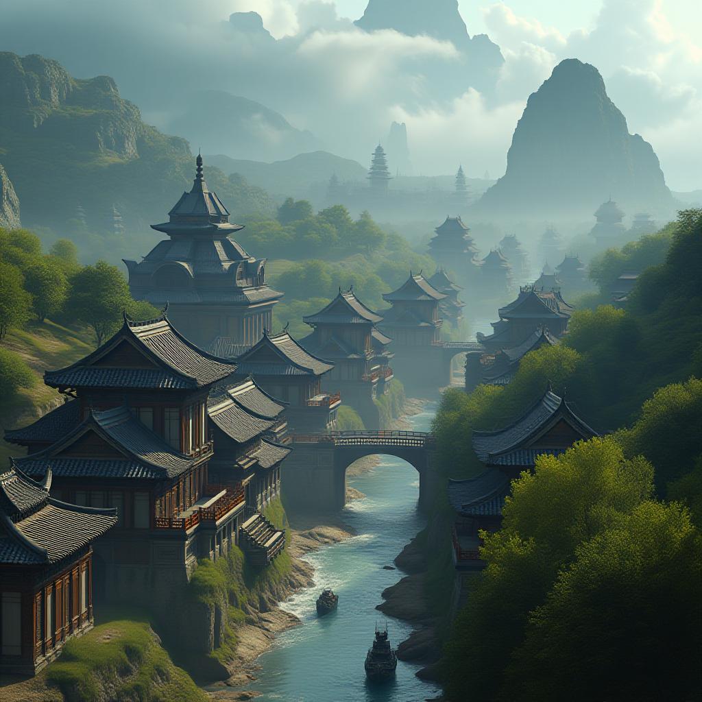  a visual of the ancient appearance of a place in the northwestern region of vietnam. the visual should include plenty of historical and cultural elements. it should also be a city view. hyperrealistic, full body, detailed clothing, highly detailed, cinematic lighting, stunningly beautiful, intricate, sharp focus, f/1. 8, 85mm, (centered image composition), (professionally color graded), ((bright soft diffused light)), volumetric fog, trending on instagram, trending on tumblr, HDR 4K, 8K