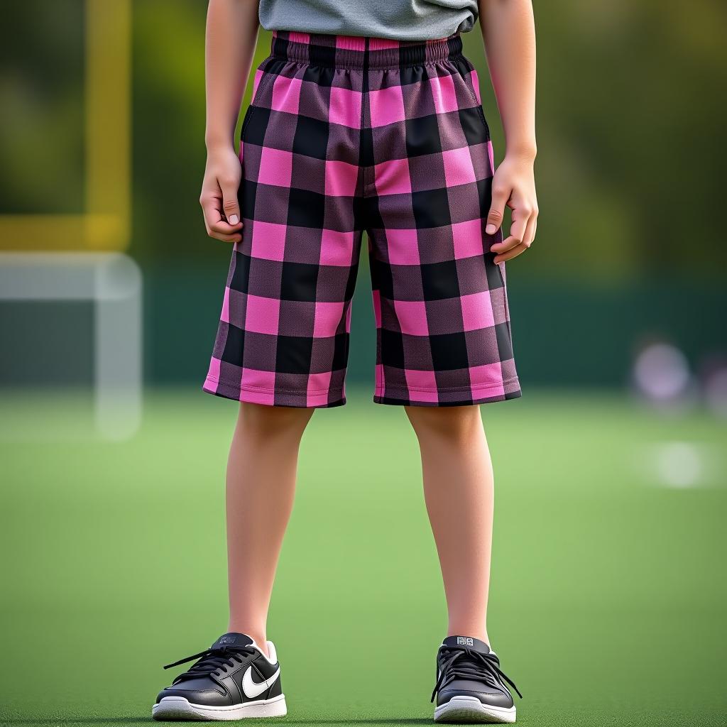  create a high quality image of a full body boy wearing sporty plaid polyester shorts in black and soft pink, featuring a mid rise waist, skinny legs, patch pockets, and a patch logo, standing in an outdoor sports field, posed in an active stance, capturing the energy and vibe of youth sportswear.