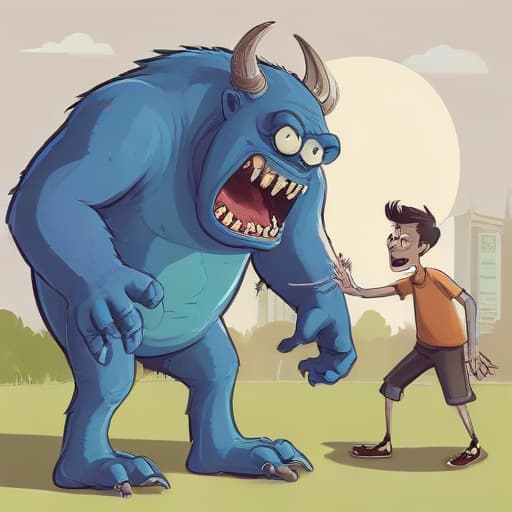 a monster helping a man in Cartoon style