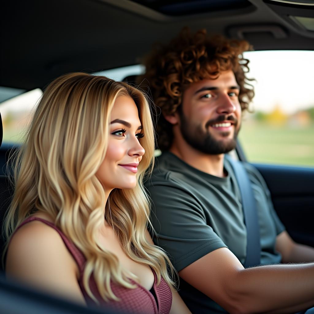  make an image of a blonde woman in a car with a man with brown curly hair