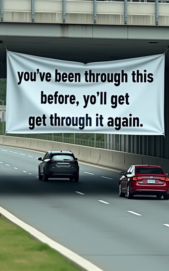  the image shows a large white banner hanging from a pedestrian bridge over a road. the banner has a message written in bold, black, uppercase letters, which reads: "you've been through this before. you'll get through it again." the banner is suspended directly above a lane of traffic. below the bridge, you can see cars driving on the road—two of which are more prominently visible: a red car on the right and a silver or grey car on the left. the road appears to be a multi lane street, likely in an urban area, with a concrete barrier and some grass visible on the left side of the image.