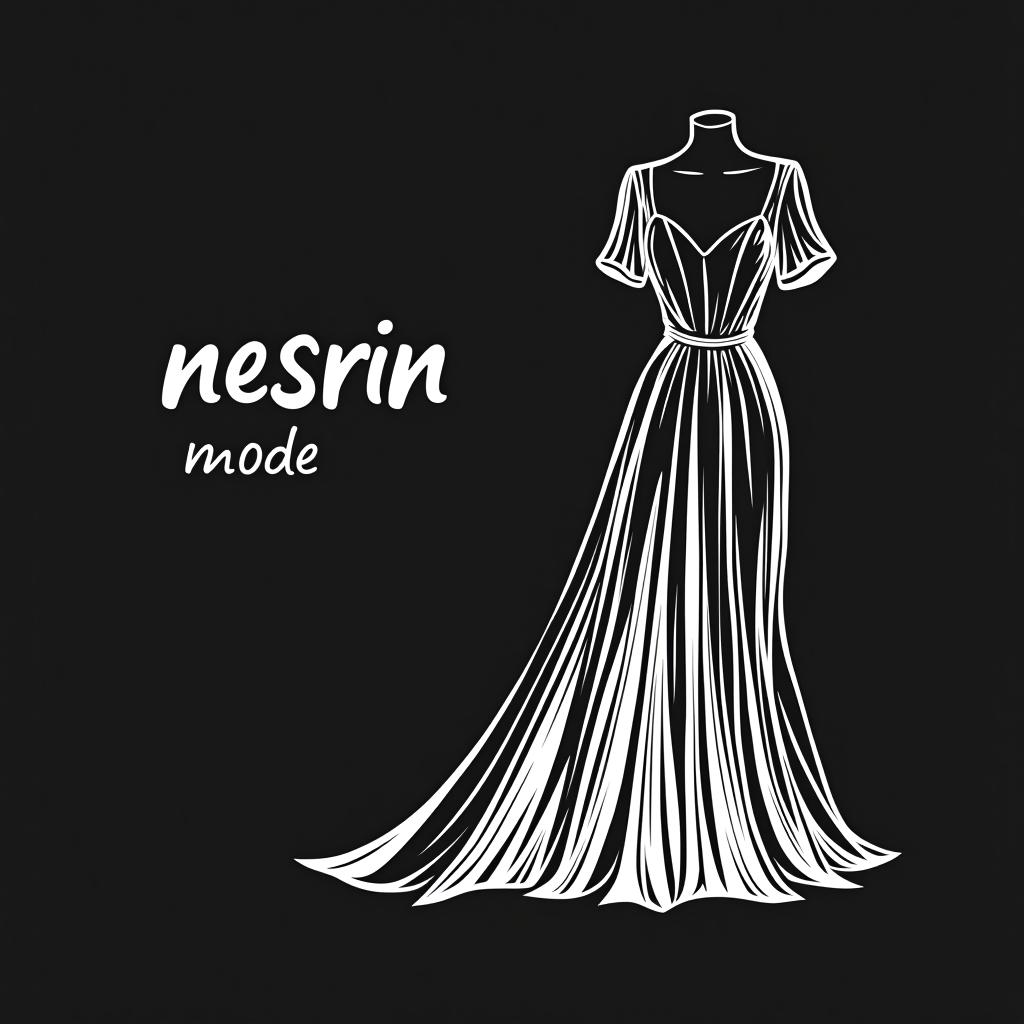  design a logo, in a threedrender style. nesrin mode hintergrund schwarz schrift weiß schreibschrift neben ein gezeichnetes langes kleid , with the text 'nesrin mode '.