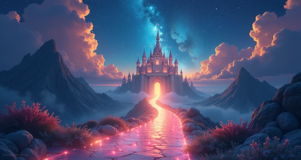  a luminescent path leading to a celestial palace, symbolizing ultimate fulfillment of purpose. the style is digital art illustration,highly detailed, whimsical,magical, dreamlike atmosphere, realism and fantasy blend, smooth, glossy textures,luminous quality, wonder and enchantment.