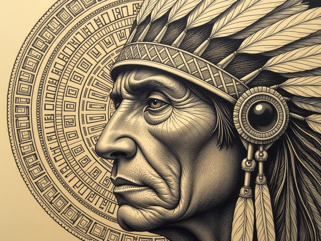  zentangle masterpiece, ink and pen drawing, old photo style, fragment of a portrait of an apache chief, macro plan, eyes looking at the observer and a part of a face with a tomahawk (looking at viewer, close up). background de alized mayan calendar. brown beige monochrome gamma. high detail, high resolution. . intricate, abstract, monochrome, patterns, meditative, highly detailed