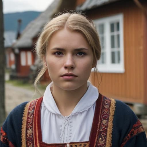 An image of a (((character))) from a Norwegian drama, wearing traditional clothes, looking at the camera, in a historic village, detailed, realistic