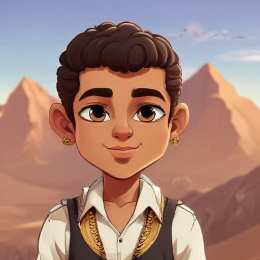 Wealthy Egyptian boy in Cartoon style with Mountains background