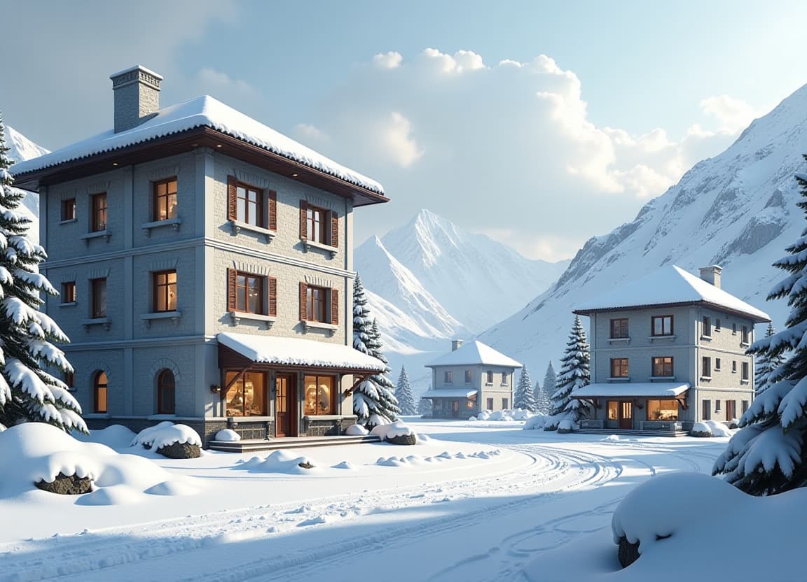  landscape, snow covered main square of a small town three story administration building, three story residential buildings, a shop on the first floor, a cafe on the first floor, futuristic high tech