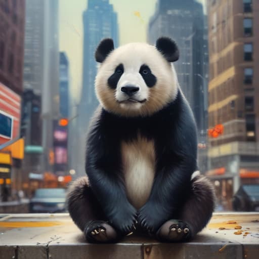 Panda a New York in Peinture à l'huile style with Ville background