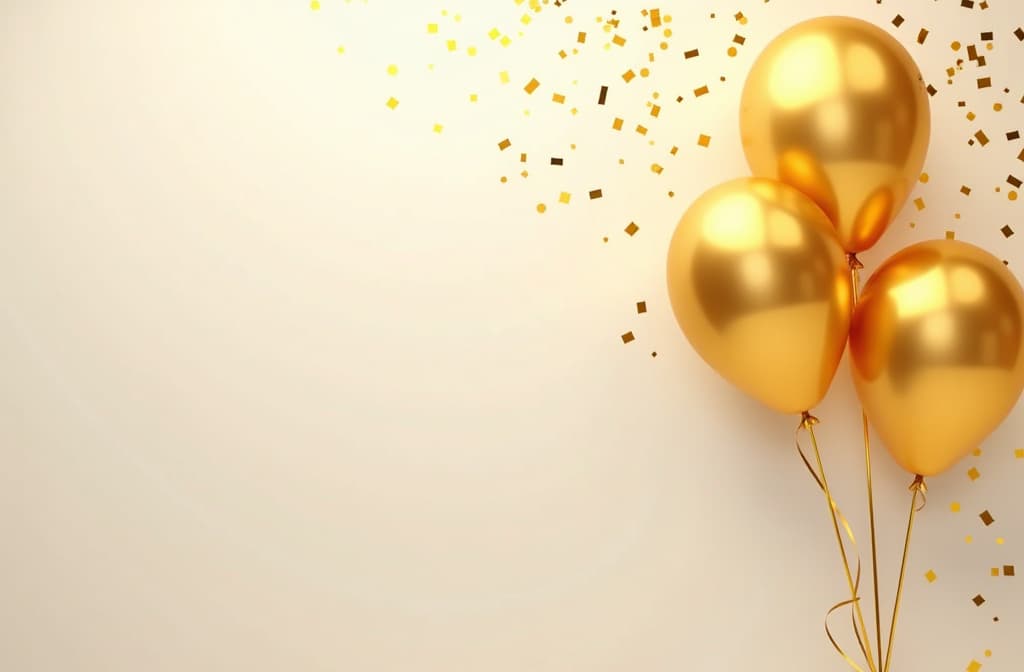  festive background with golden balloons on the right and golden confetti scattering all over the field, free space for text premium background for a festive birthday celebration 3:2 ar 3:2 {prompt}, maximum details