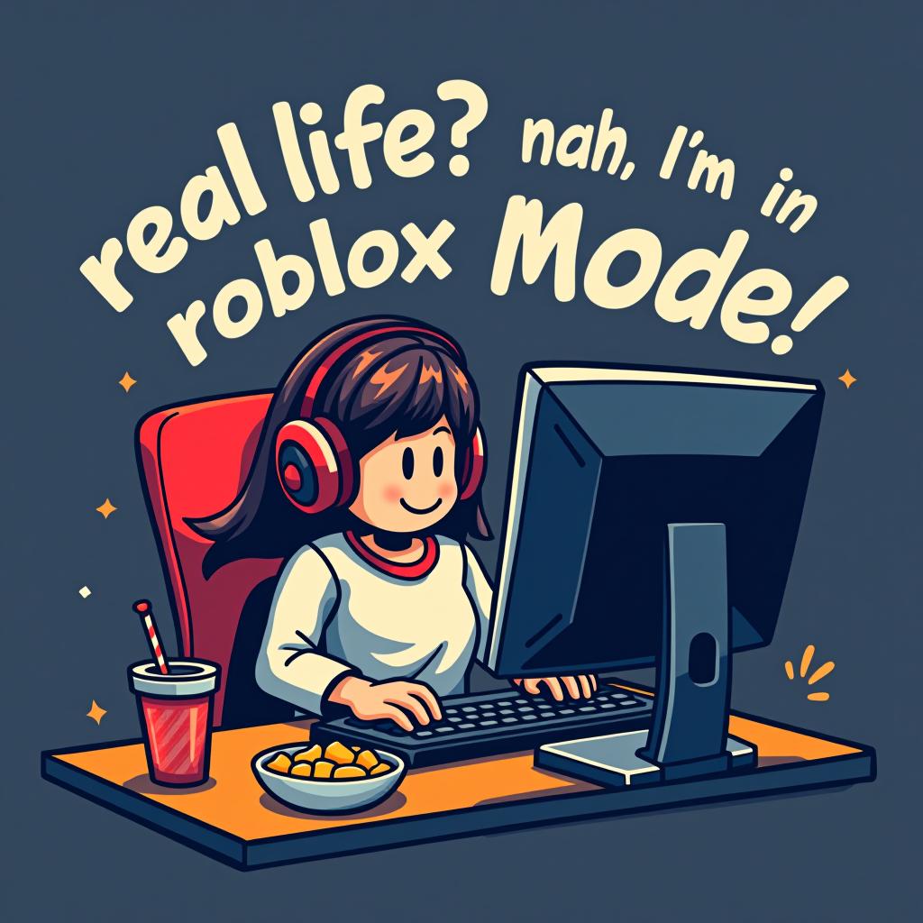  quote: "real life? nah, i'm in roblox mode!" graphic: a roblox character in front of a computer setup, wearing headphones, completely immersed in the game, snacks and drinks nearby. t shirt design