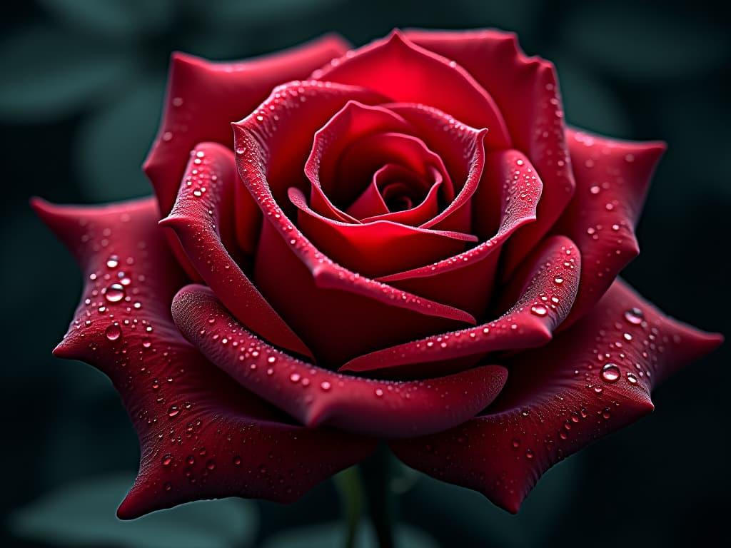  close up of a red rose in dew, intricate petals, serene beauty of simple things. the style is digital art illustration / modern comic book / graphic dark novel fantasy and mysterious occult, symbolic, moody lighting, esoteric vibe,high detail on character design. for the color scheme emphasize blacks and reds.