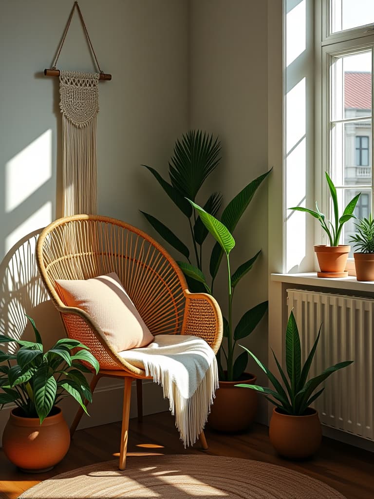  high quality portrait photo of a cozy corner of a bohemian bedroom featuring a rattan peacock chair, macramé wall hanging, and an array of lush potted plants in ceramic planters hyperrealistic, full body, detailed clothing, highly detailed, cinematic lighting, stunningly beautiful, intricate, sharp focus, f/1. 8, 85mm, (centered image composition), (professionally color graded), ((bright soft diffused light)), volumetric fog, trending on instagram, trending on tumblr, HDR 4K, 8K