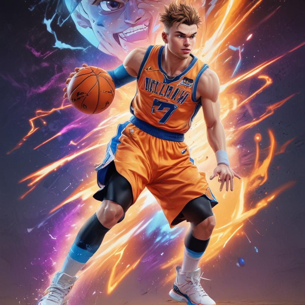 distance-shot, flashy, full-body, dynamic, holographic, animated cartoon poster of luka doncic in the style of dragon ball super