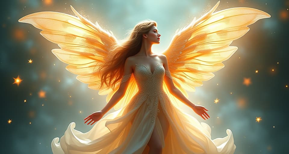  an ethereal angel with luminescent, floral wings, enveloped in a transforming aura. her translucent gown shimmers, bright light surrounding her as she floats within a heavenly glow.. the style is digital art illustration,highly detailed, whimsical,magical, dreamlike atmosphere, realism and fantasy blend, smooth, glossy textures,luminous quality, wonder and enchantment.