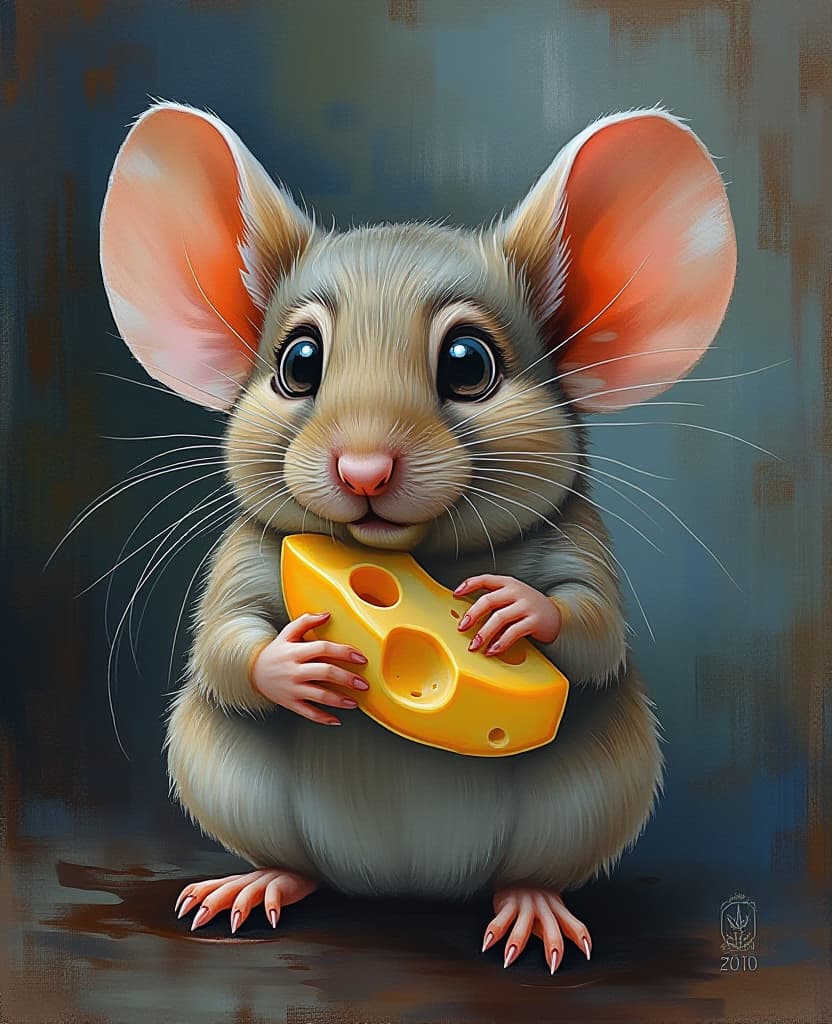  pastel painting, dry chalk. cute, charming mustached mouse holding a piece of maasdam cheese. detailed, hyper realistic, detailed and elaborate painting in the style of poster, manga, anime, with gothic elements. glitch art. in the manner of greg kraol simkins and watercolors by peter sokolov. high quality and detail.