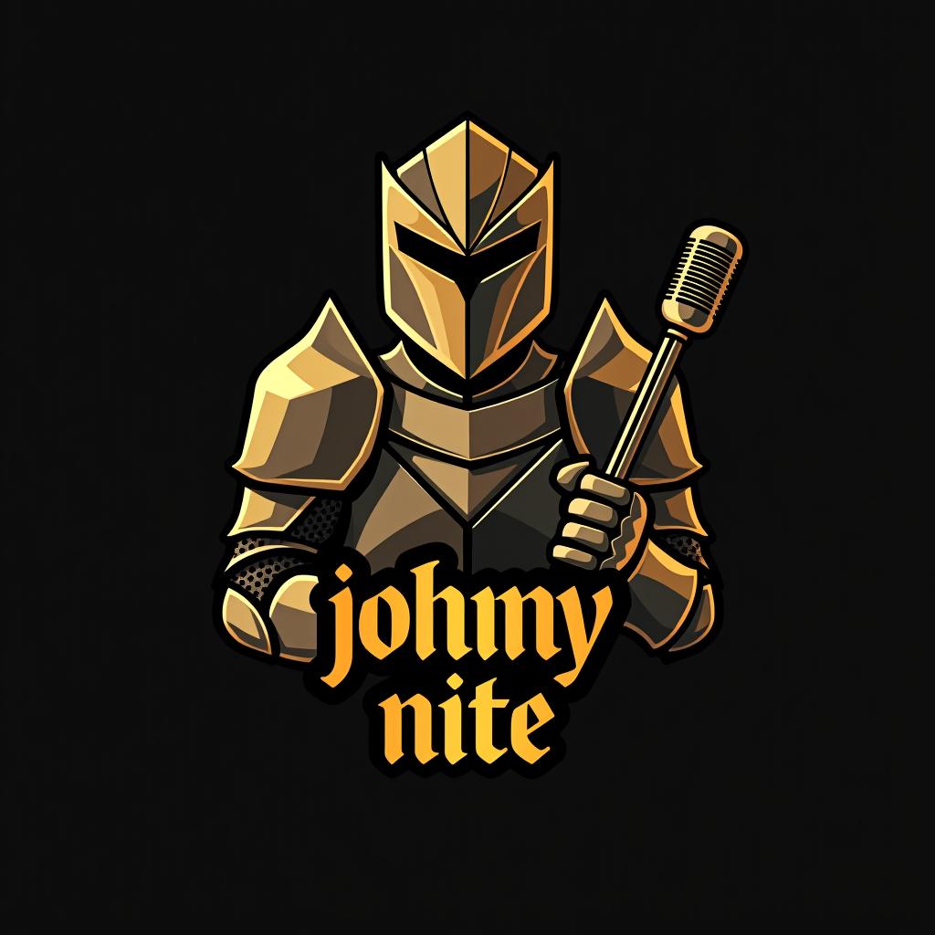  design a logo, in a origami style. knight with a mic, gold and black, with the text 'johnny nite'.