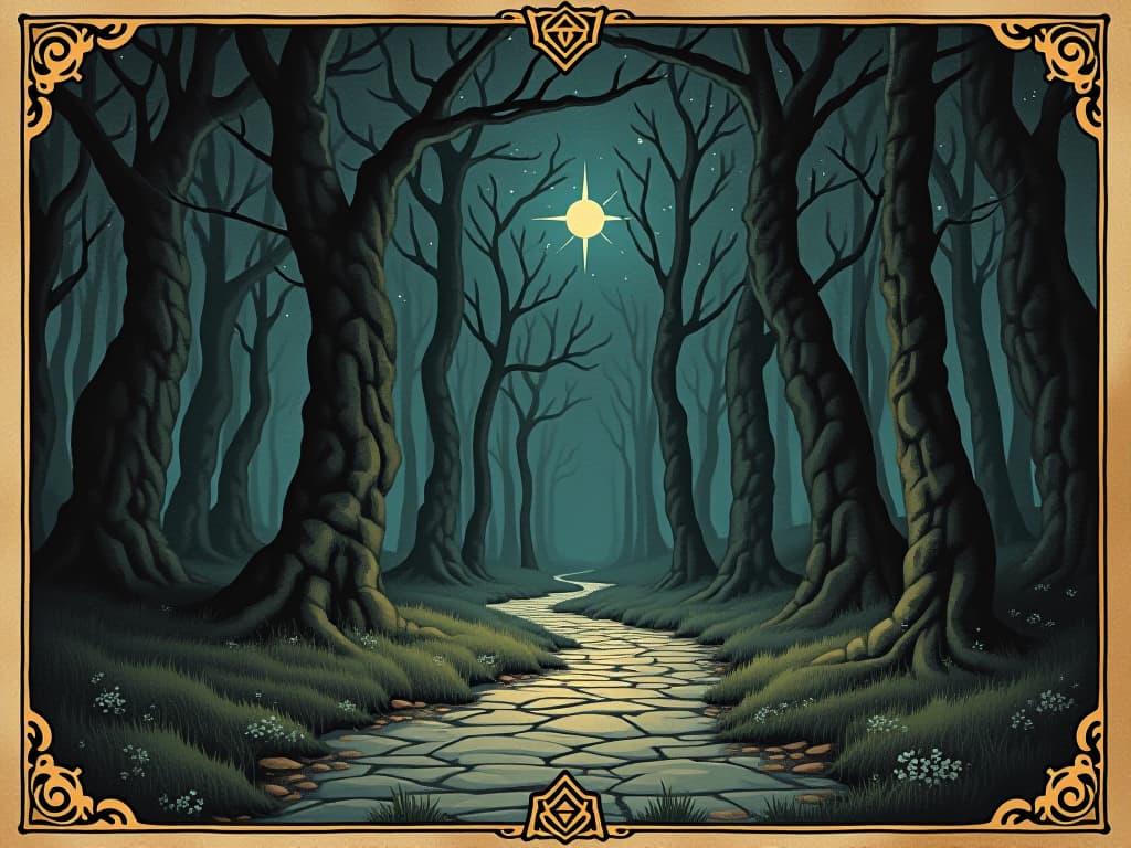  a starry path through an enchanted forest, illuminated by celestial starlight, mesmerizing, otherworldly. an illustration in the style of a worn, mystical old tarot trump card, mysterious and elements of surrealism. the colors are muted, somber and eerie, but with contrast bring out an occult and esoteric vibe.