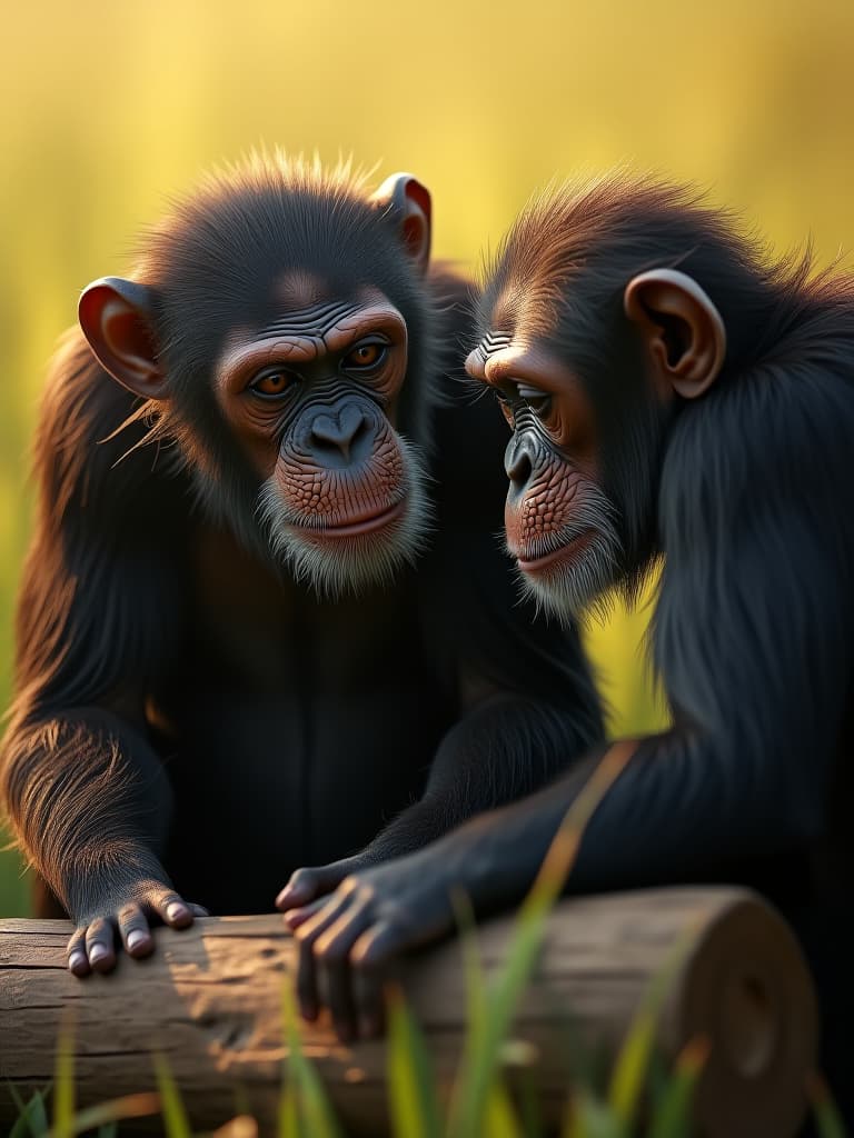  a hyper realistic portrait of two chimpanzee monkeys, both looking intently at a log in front of them. their expressions are focused as they try to figure out a problem. in the background is grassland. the scene takes place in a brightly lit savannah, with the glow of the sun illuminating the monkeys and their work. hyperrealistic, full body, detailed clothing, highly detailed, cinematic lighting, stunningly beautiful, intricate, sharp focus, f/1. 8, 85mm, (centered image composition), (professionally color graded), ((bright soft diffused light)), volumetric fog, trending on instagram, trending on tumblr, HDR 4K, 8K