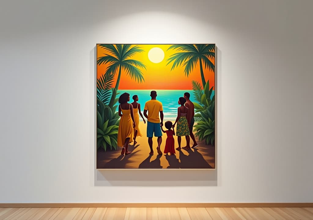  a vibrant, colorful painting in the style of edna manley, depicting jamaican life and culture, hanging on a white gallery wall with soft lighting. the painting should feature bold, expressive forms and a mix of tropical colors., in the style of disney hyperrealistic, full body, detailed clothing, highly detailed, cinematic lighting, stunningly beautiful, intricate, sharp focus, f/1. 8, 85mm, (centered image composition), (professionally color graded), ((bright soft diffused light)), volumetric fog, trending on instagram, trending on tumblr, HDR 4K, 8K