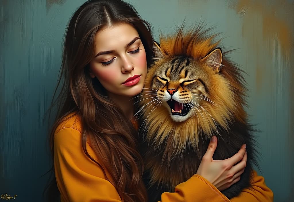  (expressionism painting:1.3) of young tall slim brunette woman holding sad and sleepy dark brown siberian cat yawning, cat is dressed in lion costume, (van gogh style:1.9)