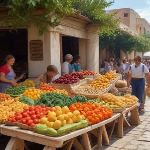 Ancient Greek marketplace bustling with merchants selling colorful fruits, vegetables, and grains.